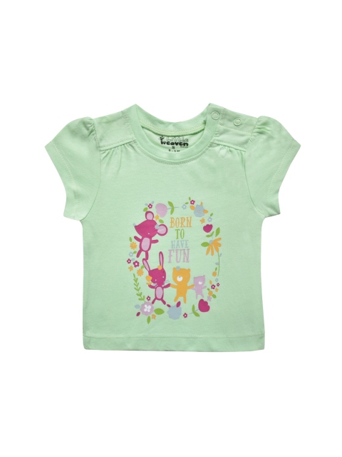 

little heaven Infant Girls Sea Green Pink Printed Puff Sleeves Pure Cotton T-shirt