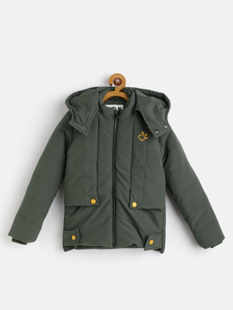 

GOJI Boys Olive Green Typography Embroidered & Applique Hooded Padded Jacket
