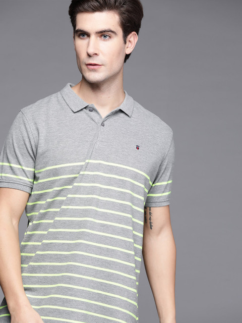 

Louis Philippe Sport Men Grey Melange & Fluorescent Green Striped Polo Collar Slim T-shirt