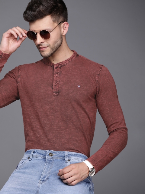 

Louis Philippe Jeans Men Pure Cotton Maroon Henley Neck Slub Effect T-shirt