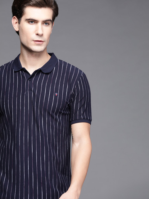 

Louis Philippe Sport Men Navy Blue Striped Polo Collar Slim Fit T-shirt