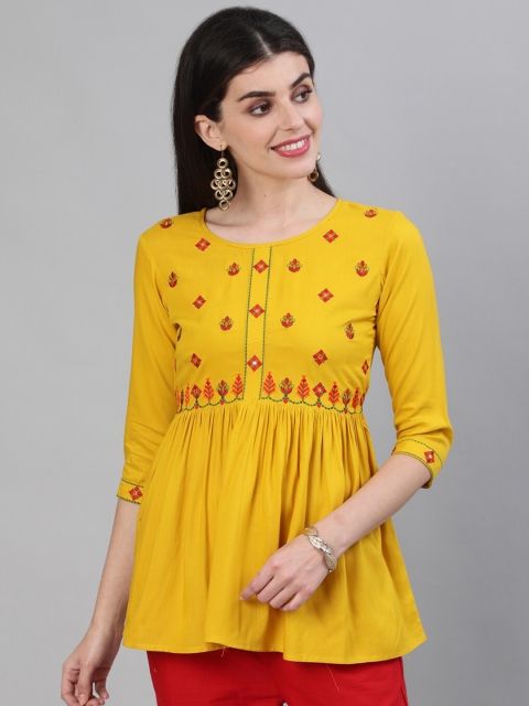 

GULMOHAR JAIPUR Mustard Yellow Embroidered Empire Top