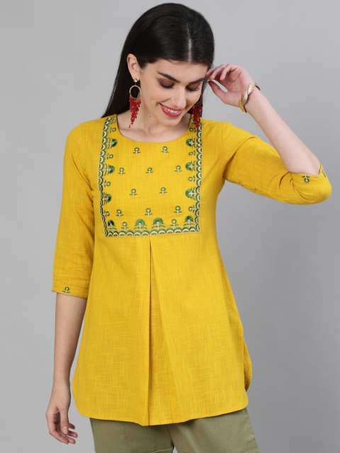 

GULMOHAR JAIPUR Mustard Yellow & Green Floral Embroidered Cotton A-Line Longline Top