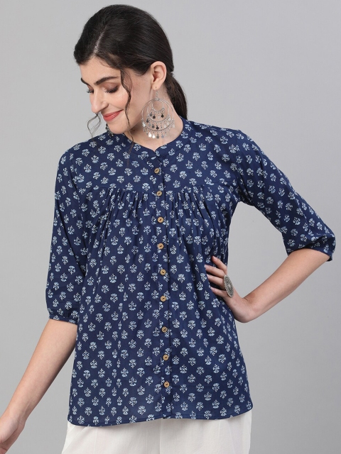 

GULMOHAR JAIPUR Blue Mandarin Collar Shirt Style Top