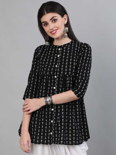 

GULMOHAR JAIPUR Black Mandarin Collar A-Line Top