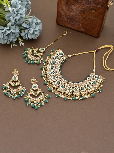 

Shoshaa Gold-Plated Green & White Artificial Stones & Beaded Handcrafted Jewellery Set