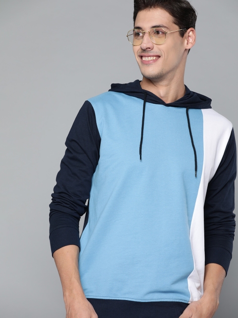 

Mast & Harbour Men Blue & White Pure Cotton Colourblocked Hooded Sweatshirt