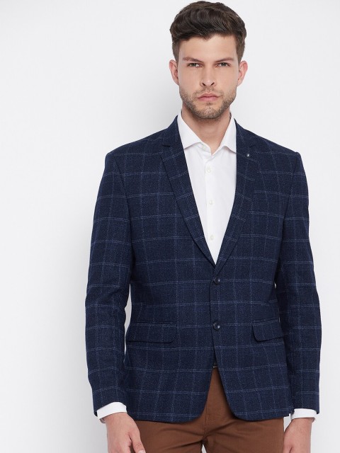 

Crimsoune Club Men Navy Blue Checked Single-Breasted Slim-Fit Formal Blazer