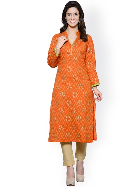 

Tulsattva Women Orange Printed Straight Kurta