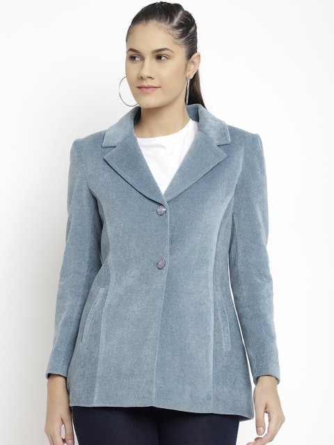 

LURE URBAN Women Blue Solid Single-Breasted Woolen Trench Coat