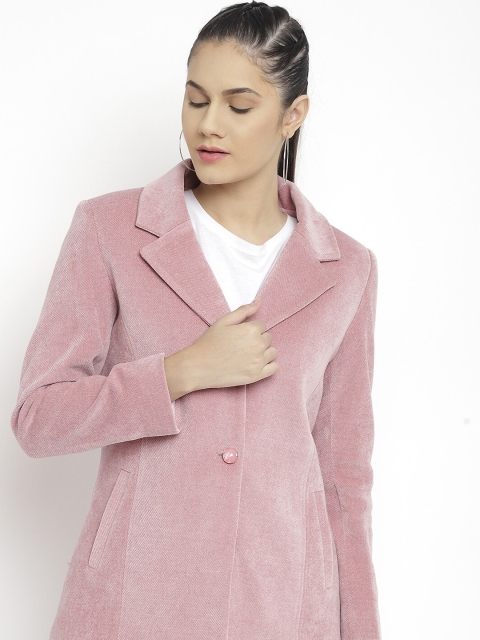 

LURE URBAN Women Coral Pink Solid Woolen Trench Coat
