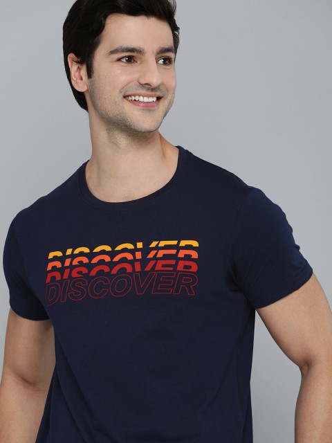

HERE&NOW Men Navy Blue Typography Printed Cotton T-shirt