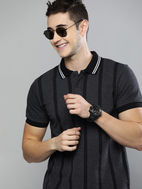 

HERE&NOW Men Charcoal Grey & Black Striped Polo Collar T-shirt