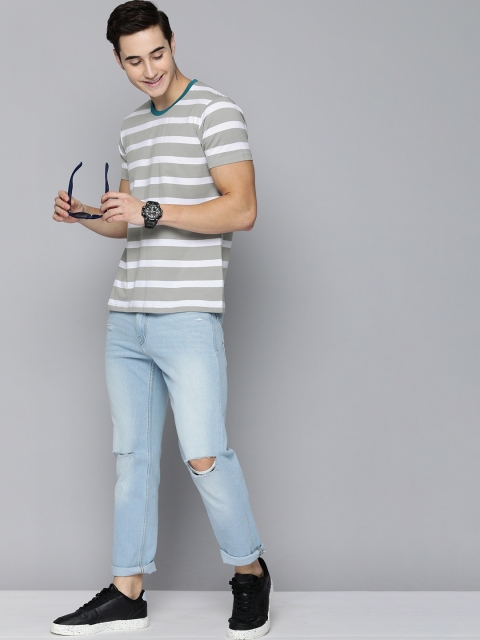 

HERE&NOW Men Grey & White Striped Round-Neck Pure Cotton Casual T-shirt