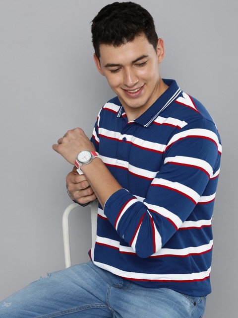 

HERE&NOW Men Navy Blue & White Striped Polo Collar T-shirt