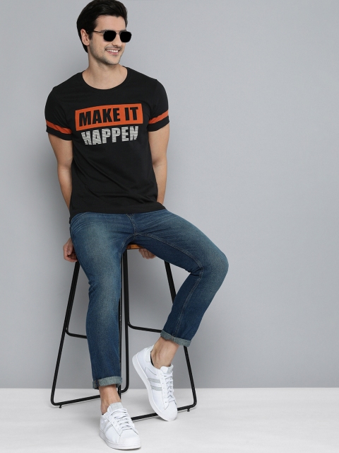 

HERE&NOW Men Black & Orange Typography Printed T-shirt