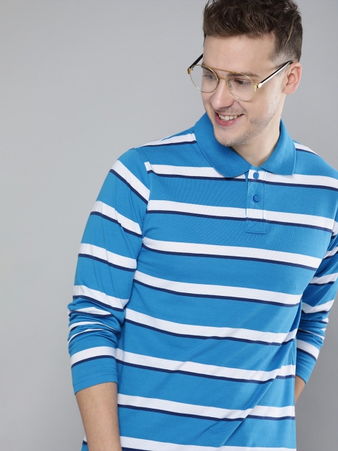 

HERE&NOW Men Blue & White Striped Polo Collar T-shirt