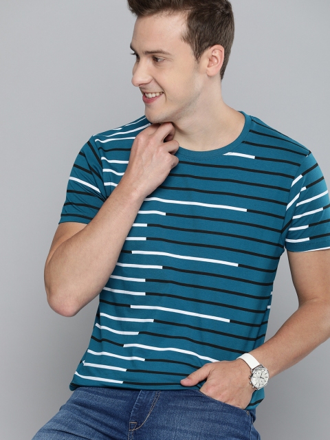 

HERE&NOW Men Blue & Black Striped Roun Neck Pure Cotton T-shirt