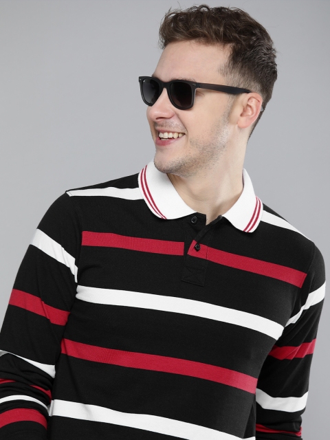 

HERE&NOW Men Black & White Striped Polo Collar T-shirt