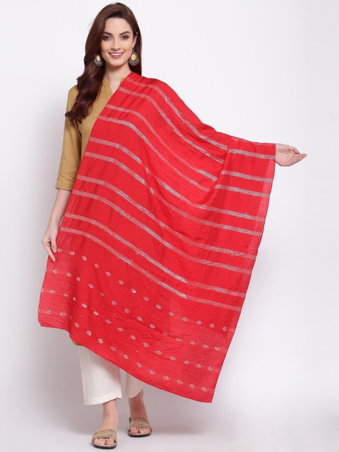 

Myshka Red & Silver-Toned Striped Cotton Silk Dupatta