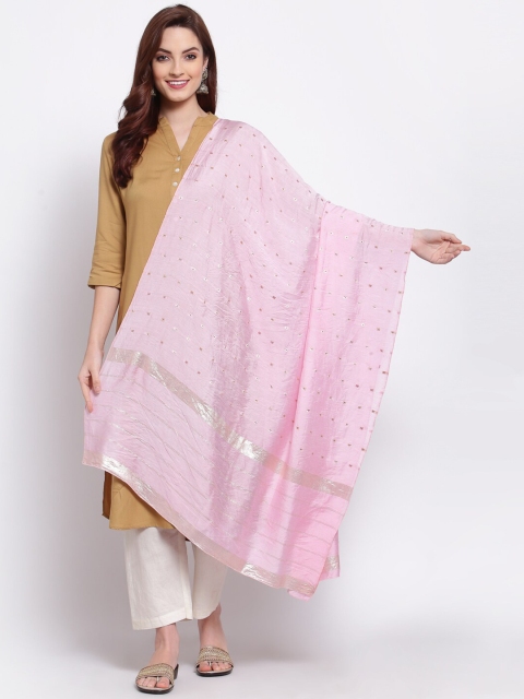 

Myshka Pink & Silver-Toned Woven Design Cotton Silk Dupatta