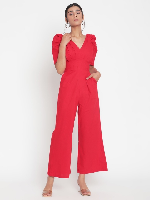 

VANCA ECO Red Puff Sleeved Cotton Basic Jumpsuit