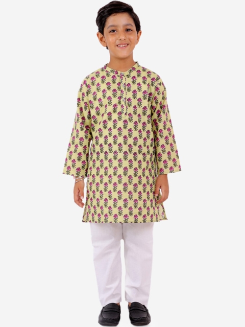 

YK Boys Beige Floral Printed Regular Pure Cotton Kurta with Pyjamas