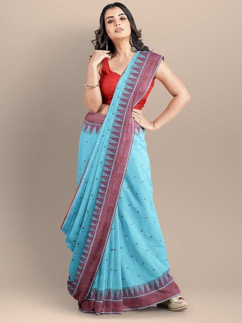 

BharatSthali Blue & Maroon Woven Design Pure Cotton Maheshwari Saree