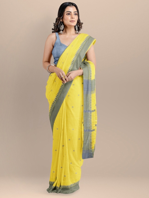 

BharatSthali Yellow & Grey Woven Design Pure Cotton Maheshwari Saree