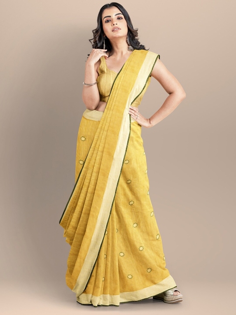 

BharatSthali Yellow & Green Woven Design Pure Cotton Taant Saree
