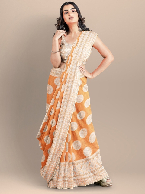 

BharatSthali Orange & Beige Woven Design Zari Silk Cotton Banarasi Saree