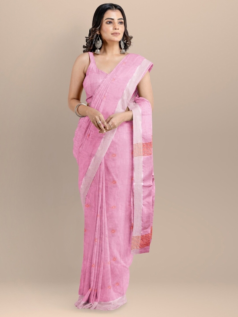 

BharatSthali Pink & Silver-Toned Woven Design Pure Cotton Maheshwari Saree