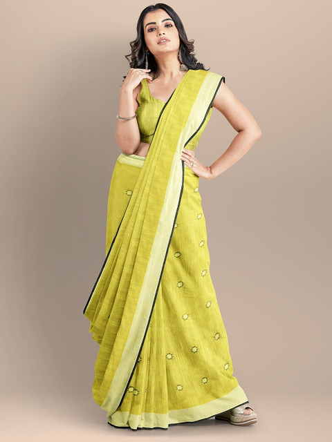 

BharatSthali Yellow & Green Woven Design Pure Cotton Taant Saree