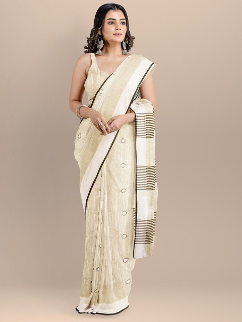 

BharatSthali Cream-Coloured & Black Woven Design Pure Cotton Maheshwari Saree