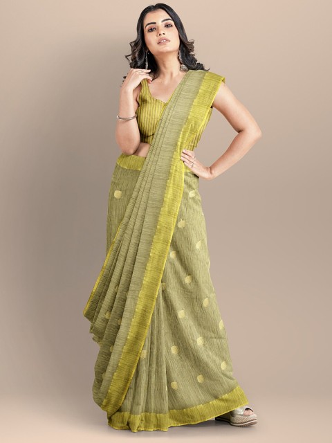 

BharatSthali Green & Gold-Toned Woven Design Silk Cotton Mangalagiri Saree