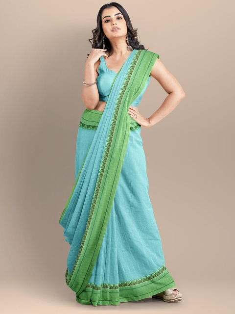 

BharatSthali Turquoise Blue & Green Silk Cotton Maheshwari Saree
