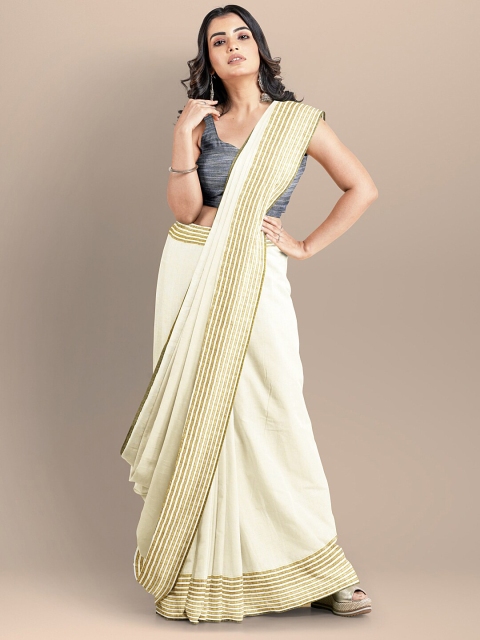 

BharatSthali White & Beige Pure Cotton Maheshwari Saree