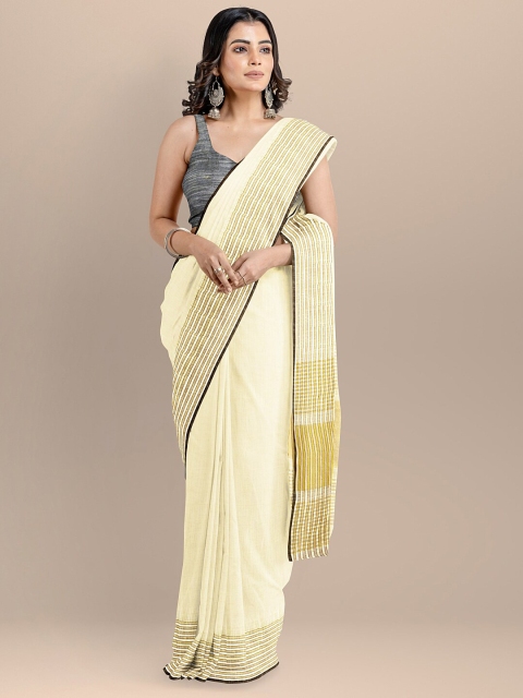 

BharatSthali Cream-Coloured & Beige Pure Cotton Maheshwari Saree