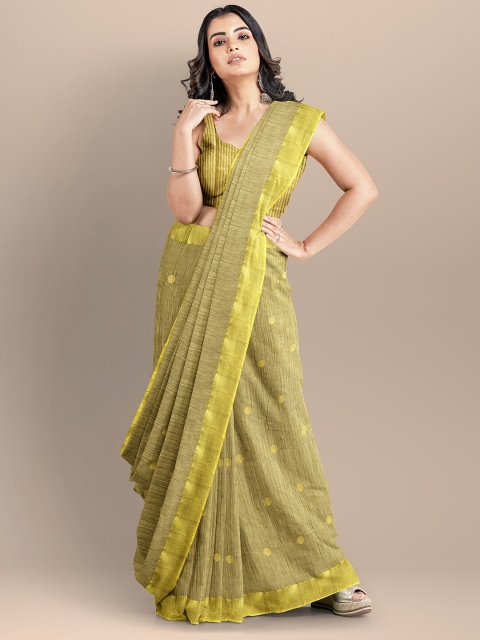 

BharatSthali Green & Gold-Toned Woven Design Silk Cotton Mangalagiri Saree