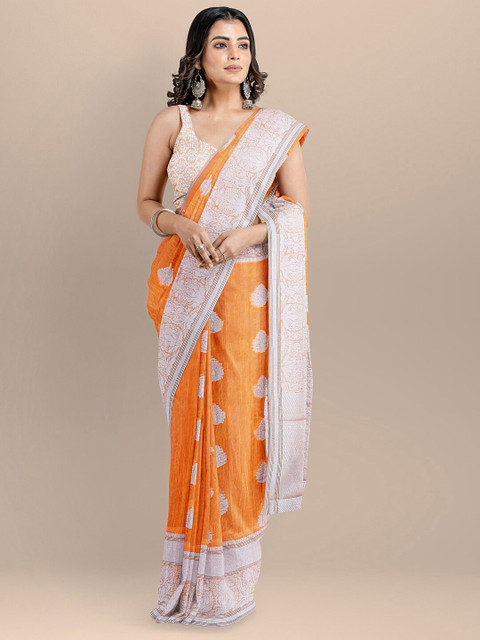 

BharatSthali Orange & Silver-Toned Woven Design Zari Silk Cotton Banarasi Saree