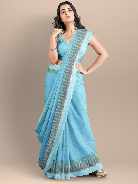 

BharatSthali Blue & Brown Woven Design Pure Cotton Maheshwari Saree
