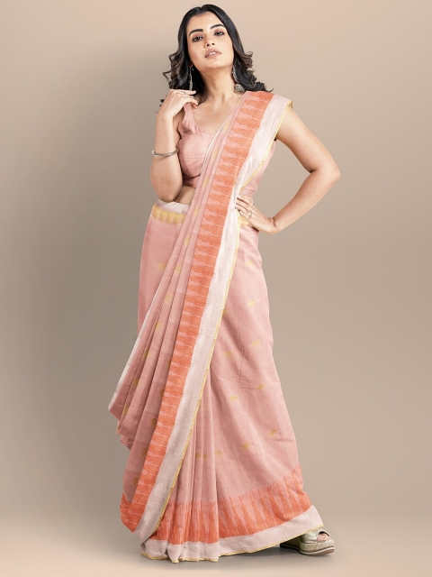 

BharatSthali Peach-Coloured & Yellow Woven Design Pure Cotton Maheshwari Saree