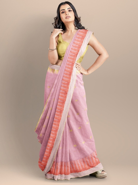 

BharatSthali Pink & Silver-Toned Woven Design Pure Cotton Taant Saree