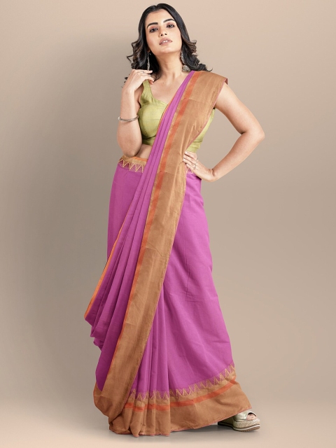 

BharatSthali Pink & Brown Pure Cotton Maheshwari Saree