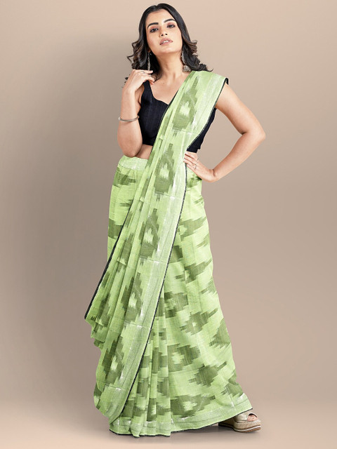 

BharatSthali Green & Silver-Toned Woven Design Pure Cotton Ikat Saree