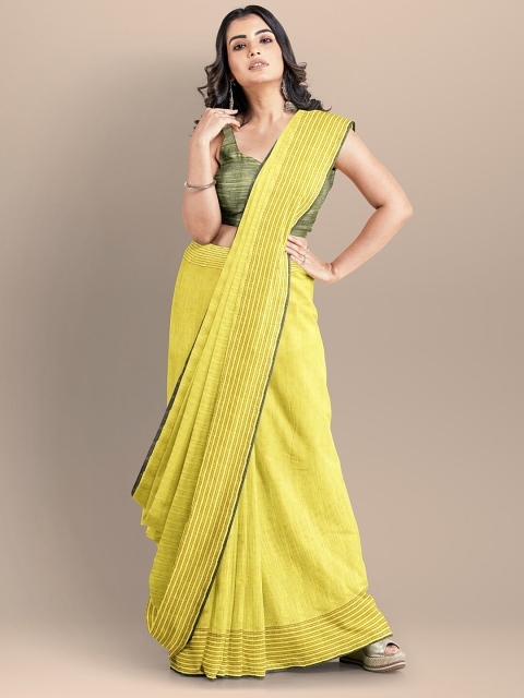 

BharatSthali Yellow & Gold-Toned Zari Pure Cotton Maheshwari Saree