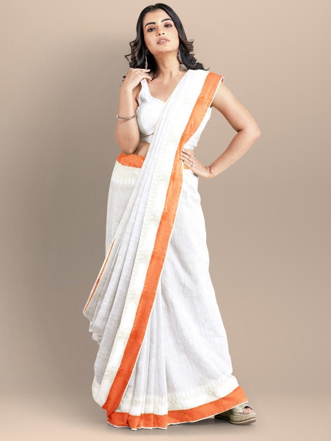 

BharatSthali White & Orange Zari Silk Cotton Maheshwari Saree
