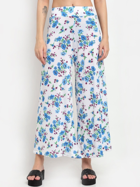 

NEUDIS Women White & Blue Floral Printed Flared Knitted Palazzos