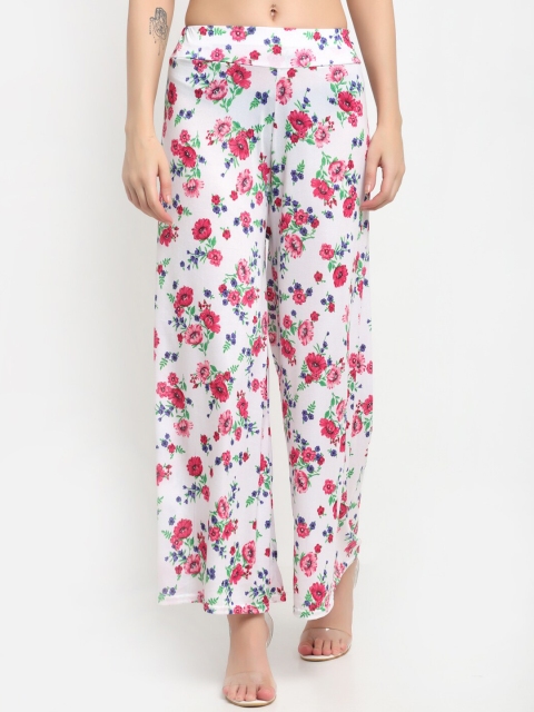 

NEUDIS Women White & Blue Floral Printed Knitted Palazzos