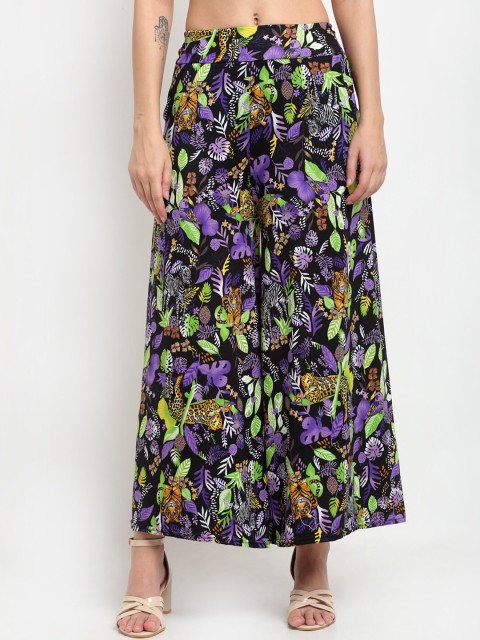 

NEUDIS Women Black & Green Floral Printed Knitted Cropped Palazzos